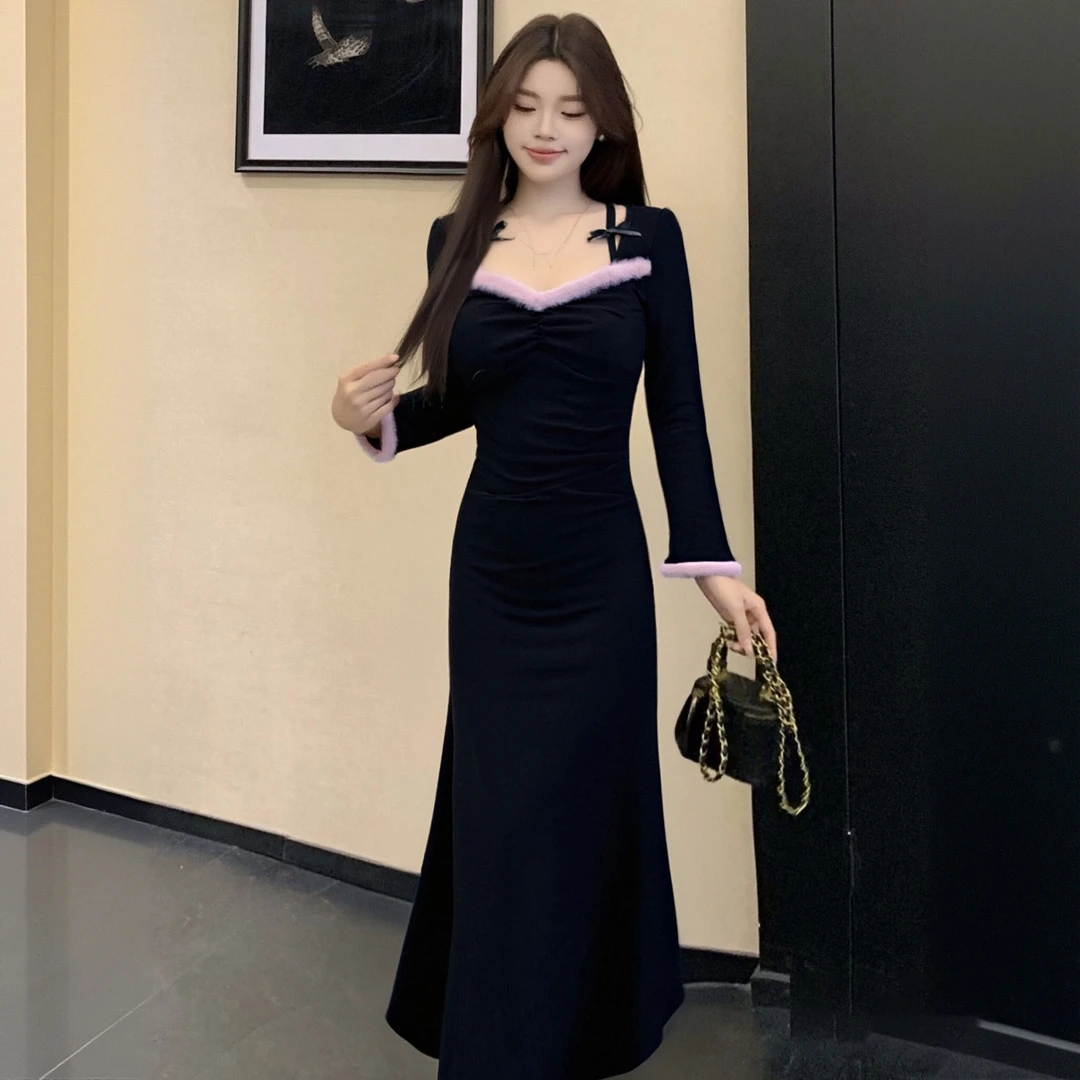 时尚优雅穿搭法式复古长袖连衣裙QY0127