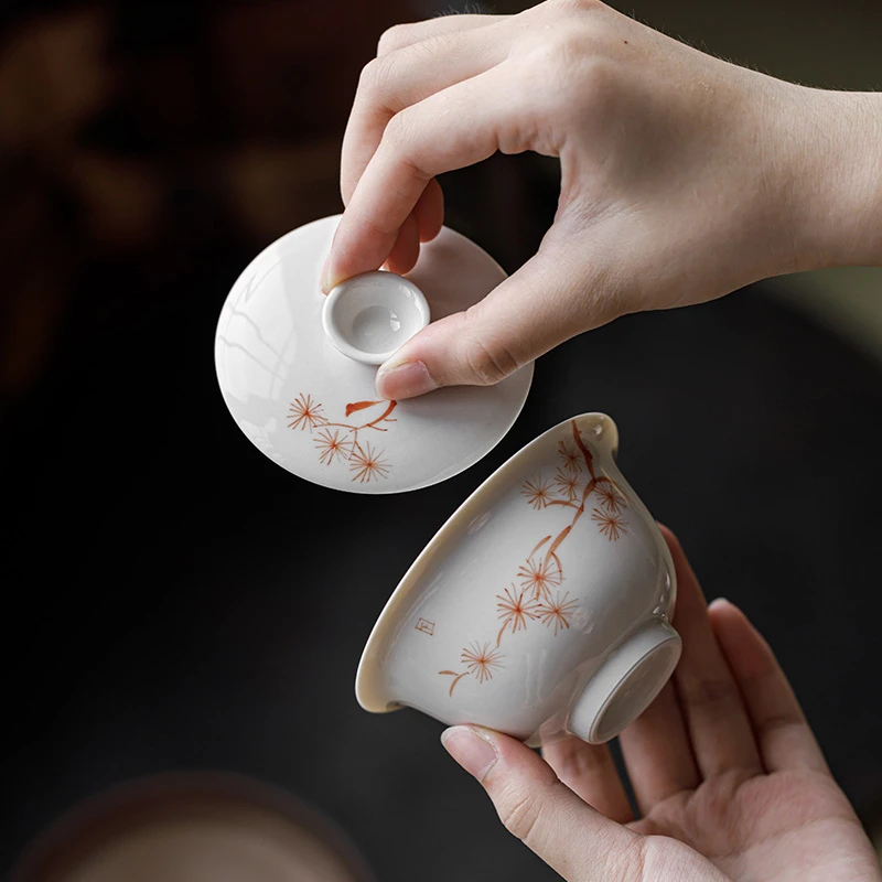 釉下彩手绘矾红松风盖碗陶瓷二才茶碗轻奢不烫手泡茶碗功夫茶具