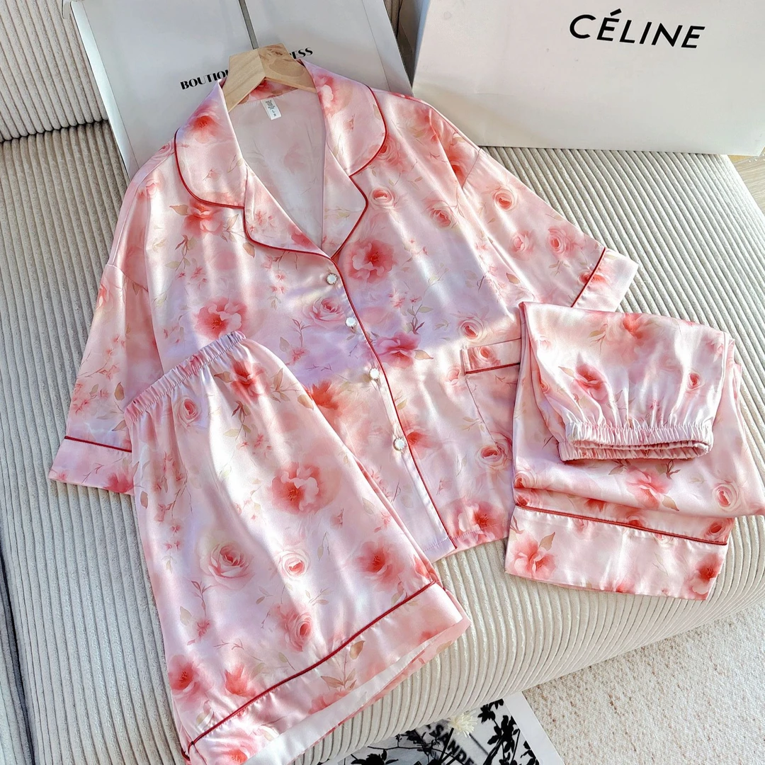 DAVINCIART粉韵花漾三件套2025爆款欧若风睡衣宽松女士家居服套装