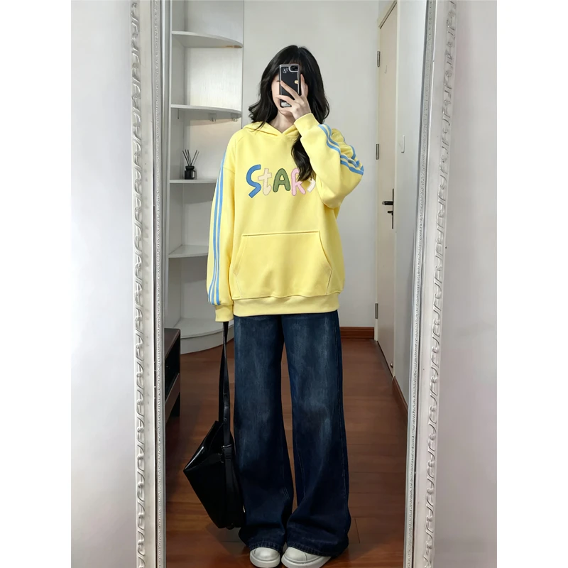 三条杠卫衣女秋冬潮流设计感字母印花宽松大码加绒连帽衫外套上衣