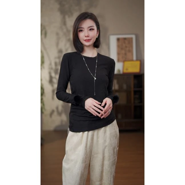 GONG QUE【水貂球】新中式早秋款暗纹提花时尚长袖上衣 242012