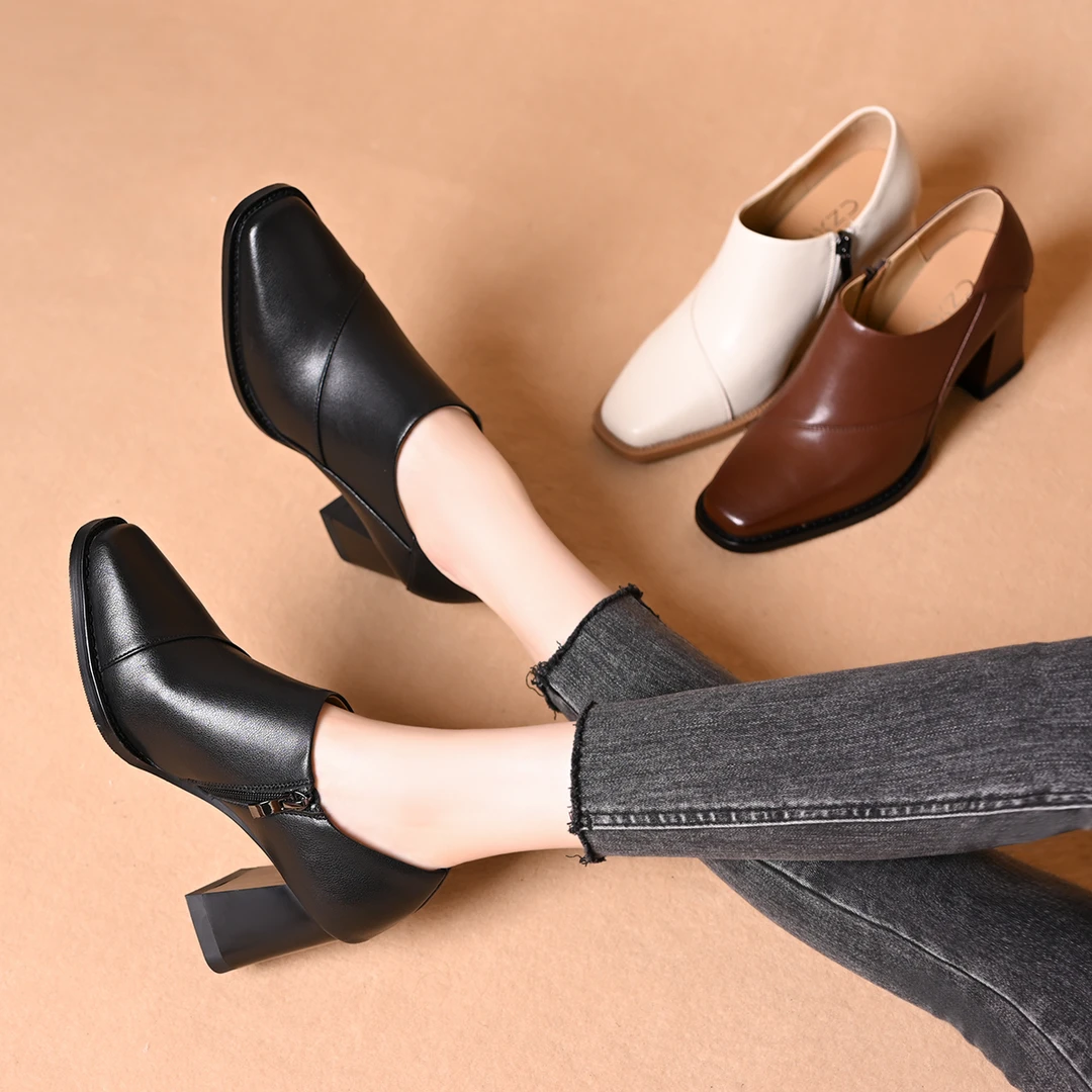 复古英伦风百搭方头深口鞋女2025春秋新款简约中跟粗跟软皮单鞋