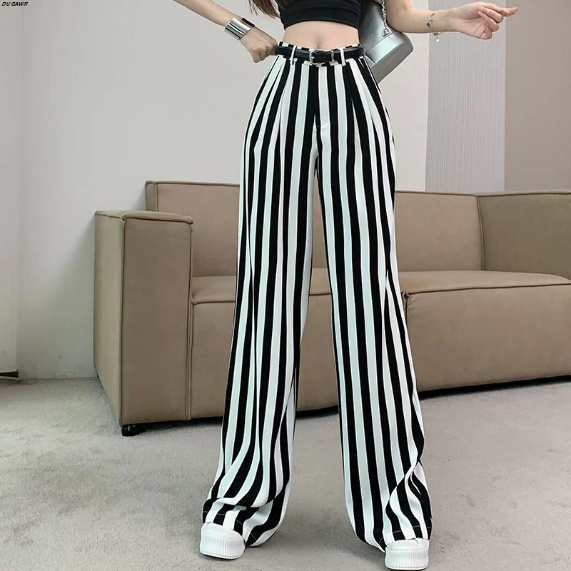 冰丝窄版阔腿裤女夏季薄款高腰垂感直筒西装裤黑白竖条纹休闲裤子