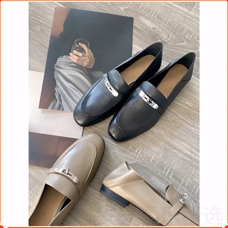 全牛皮真皮乐福鞋女鞋平底单鞋豆豆鞋懒人一脚蹬欧时尚百搭小皮鞋