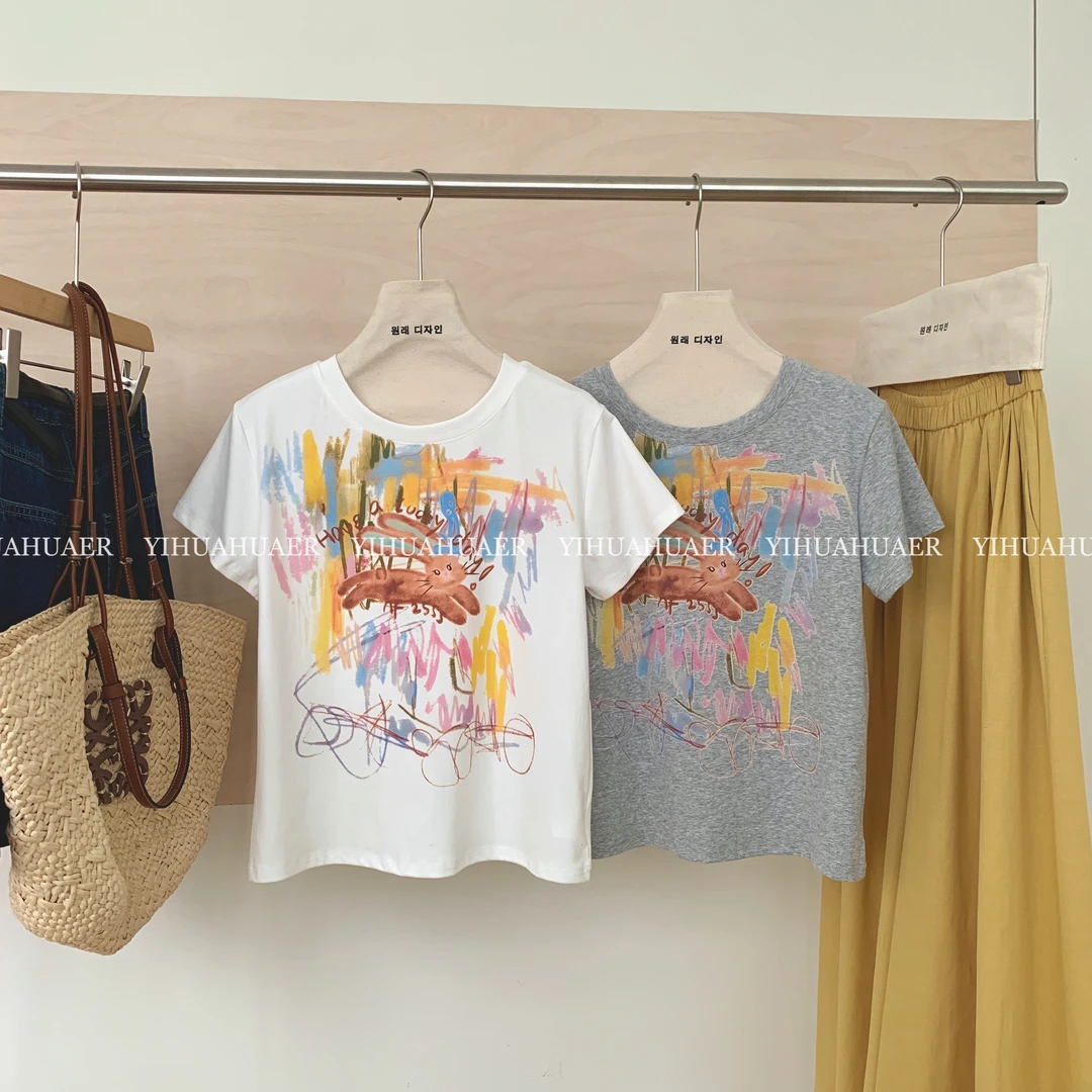 【涂鸦兔】东大门韩系夏款彩色涂鸦印花透气减龄百搭T恤2895