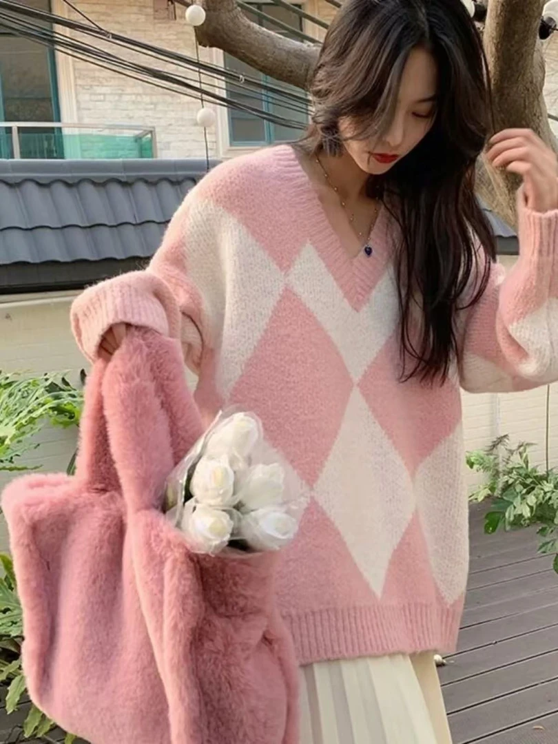 478  甜美温柔毛衣宽松慵懒风软糯V领格子针织衫B64-1 C92-3 A73