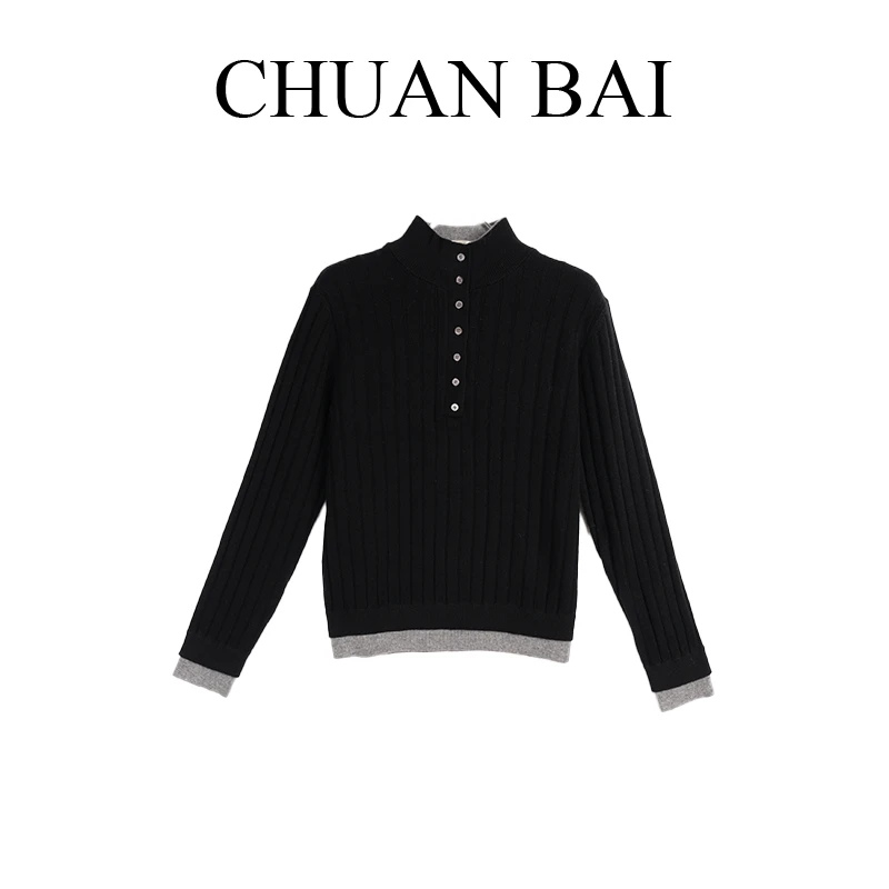 【川白】韩版拼接撞色半高领假两件针织衫 百搭叠穿显瘦针织衫