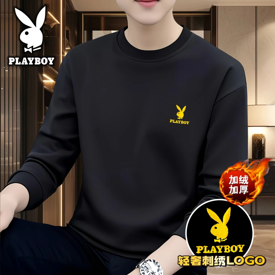 花花公子加绒刺绣卫衣重磅圆领长袖男装中年时尚痞帅轻奢新款百搭