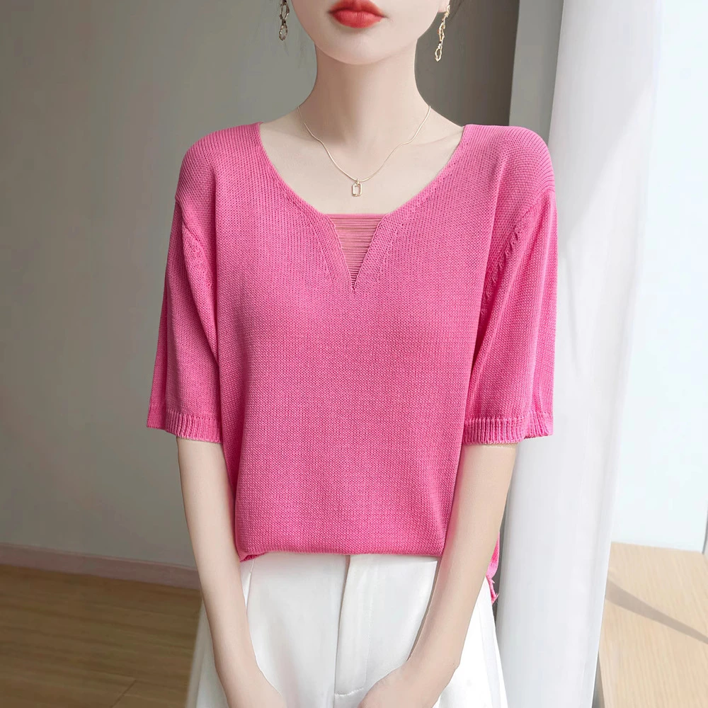 冰丝亚麻夏季新款镂空V领轻薄针织短袖T恤女百搭纯色休闲女装上衣