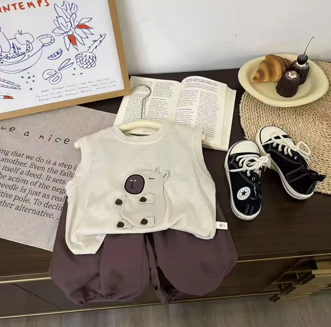 儿童背心短裤套装2025夏季新款男女童潮牌无袖宝宝T恤休闲裤潮