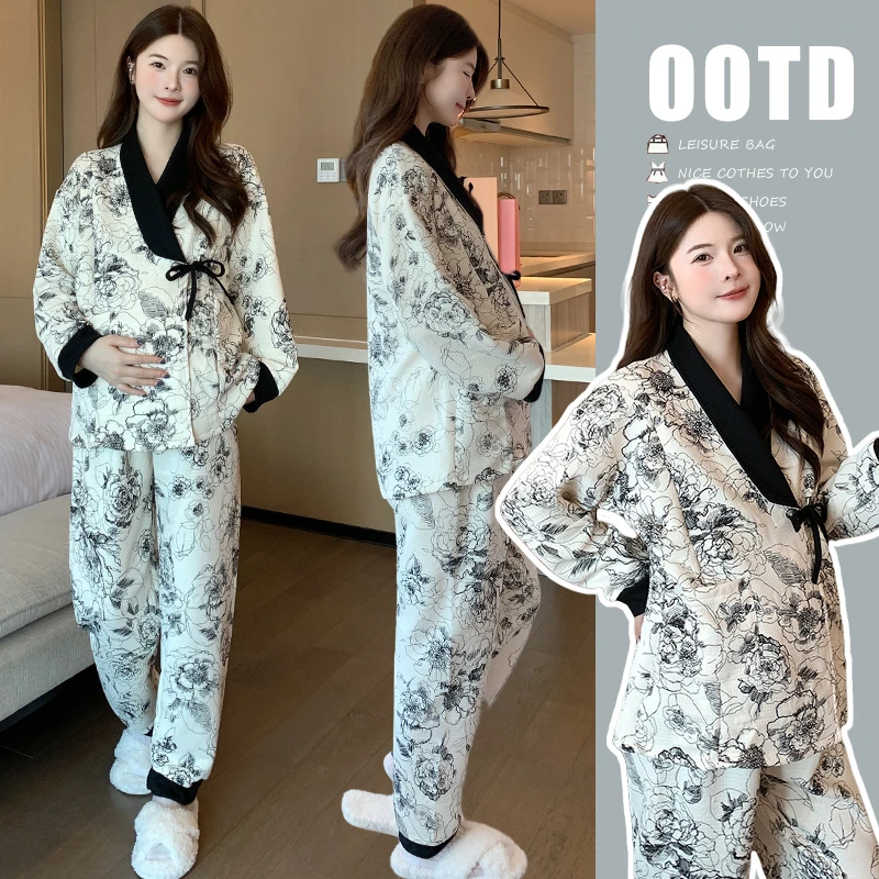 孕妇睡衣秋冬新款绑带加棉秋冬家居服孕妇月子服长袖套装外穿舒适