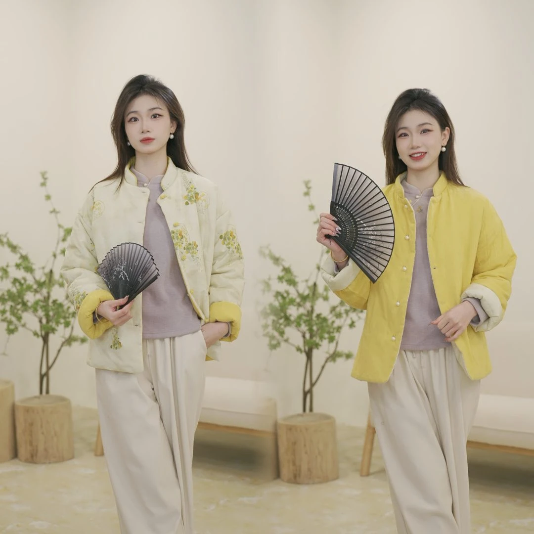 新中式盘扣印花两面穿棉袄女冬国风夹棉加厚外套