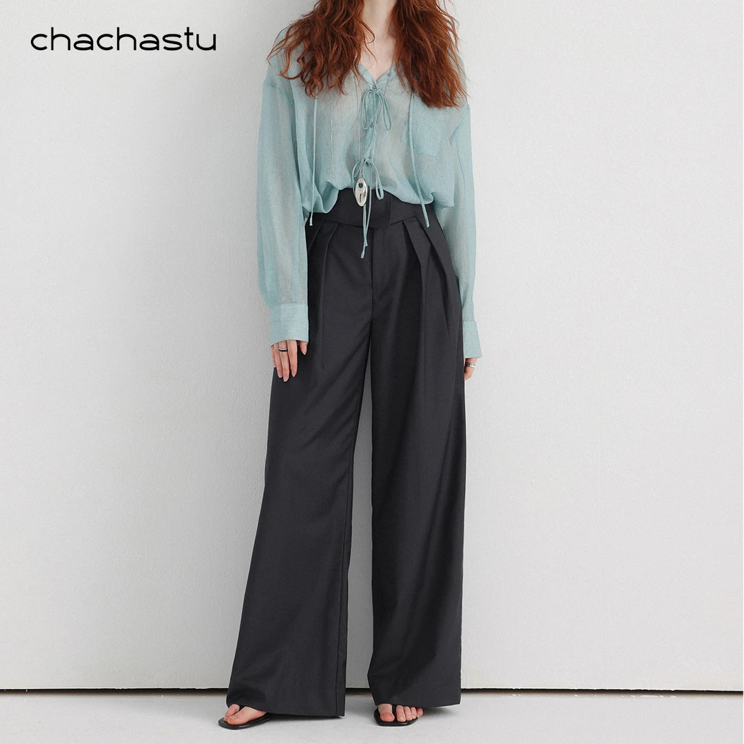 CHACHASTU 灰色凉感松弛感高腰直筒休闲裤通勤显瘦阔腿长裤H4323W