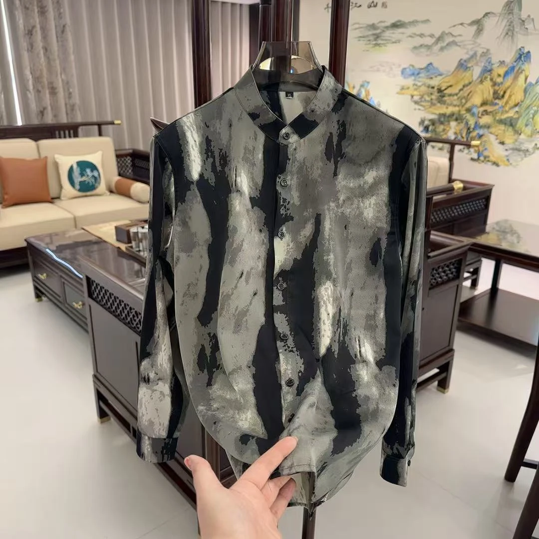 W扎染系列男士夏新款修身潮流高级国风立领长袖花衬衣衬衫25064