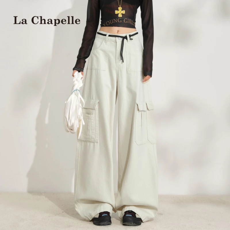 拉夏贝尔美式复古多口袋工装裤女春秋季2025新款宽松阔腿休闲裤子