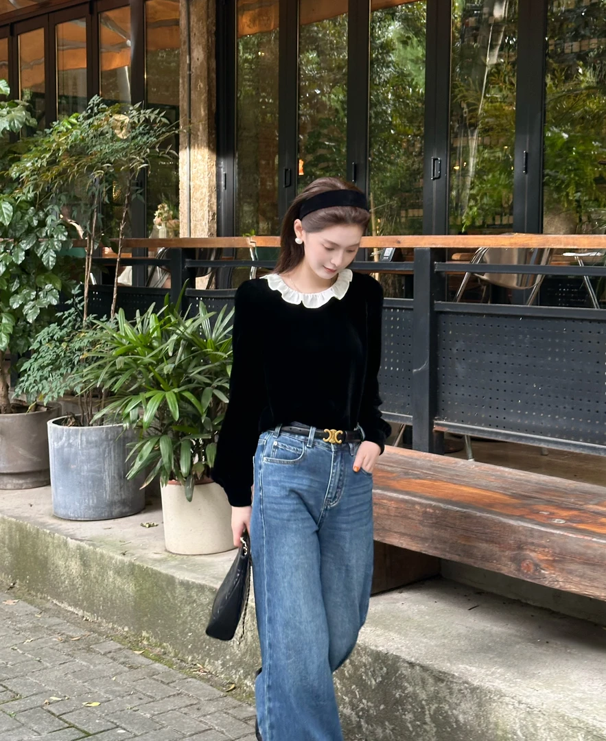 T113212F法式圆领荷叶领修身衬衫秋季长袖黑色洋气针织泡泡袖