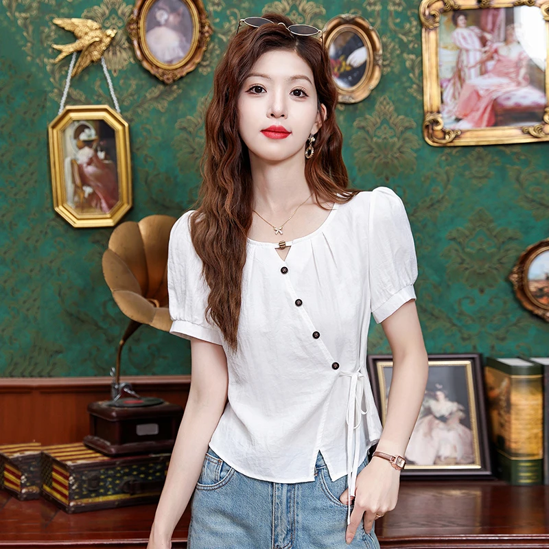 法式串珠镂空圆领短袖t恤女士夏季不规则系带设计感开叉上衣小衫