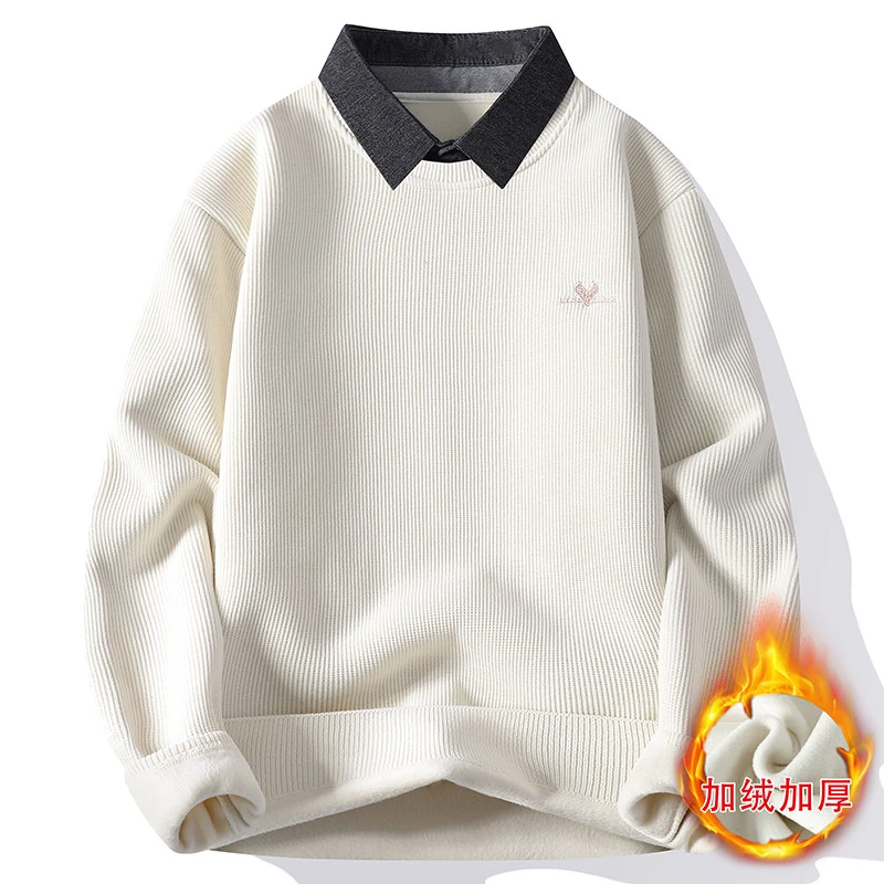 2025冬季潮牌毛衣男士衬衫领假两件加绒加厚休闲保暖针织衫1010