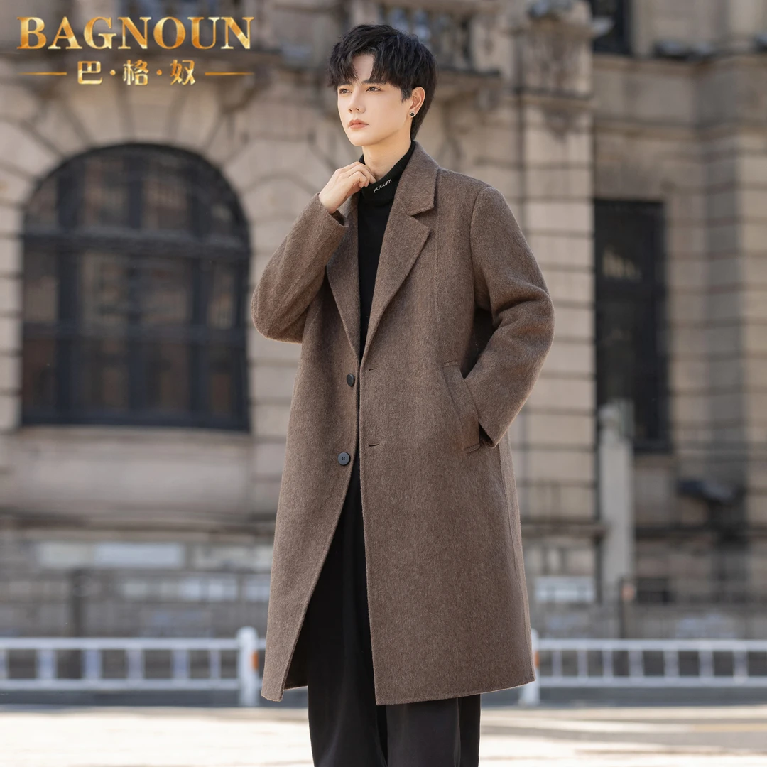 巴格奴毛呢大衣男士秋冬新款时尚垫肩双面羊绒加厚双排扣呢子外套