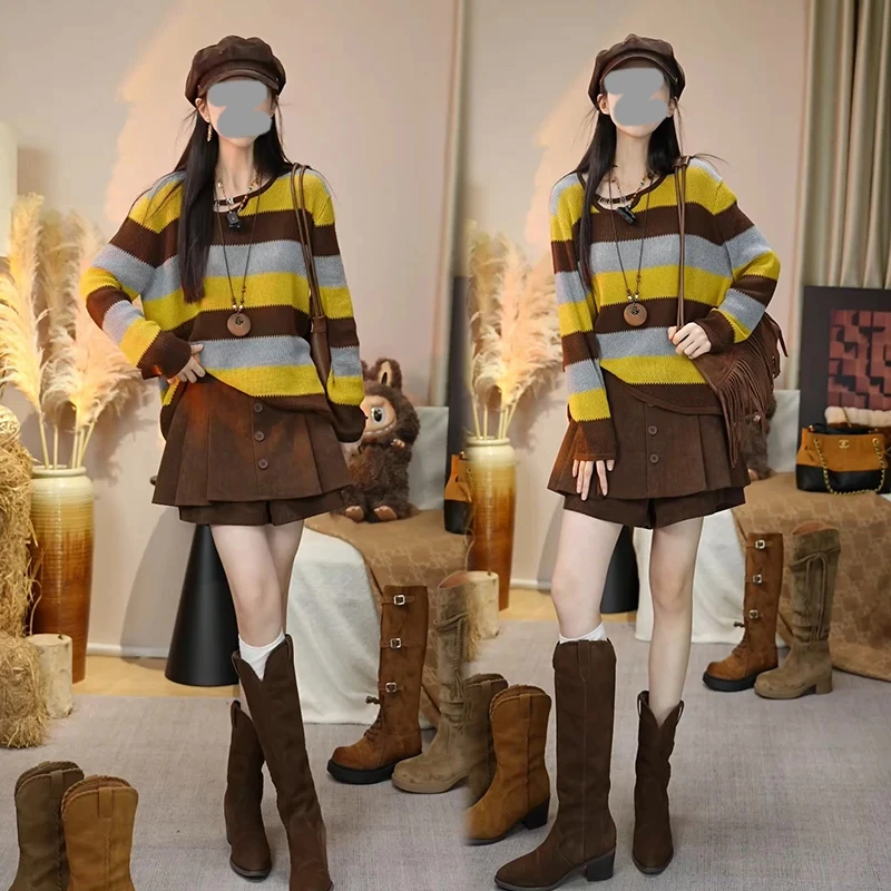 v领条纹撞色针织衫秋装女2025新款爆款毛衣慵懒风巨好看轻熟上衣