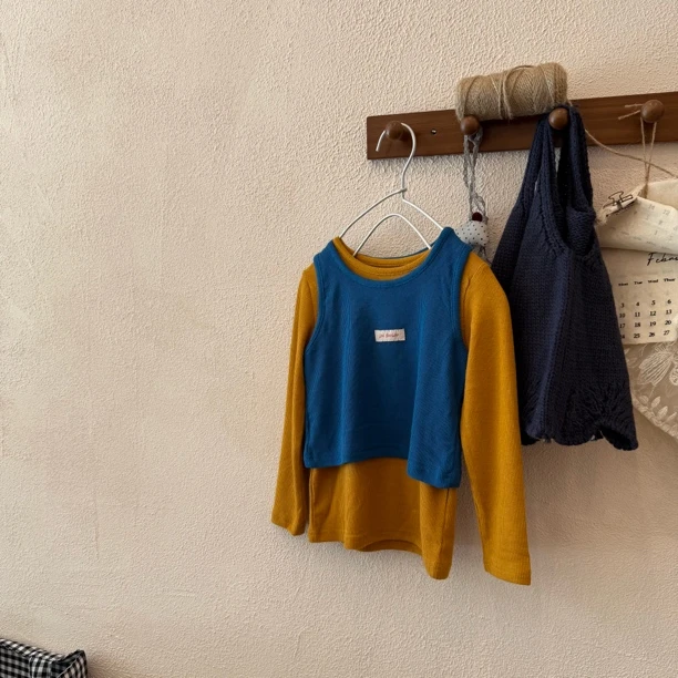 反豆kids秋季新款童装女童套头真两件套撞色日子长袖T女宝韩版360