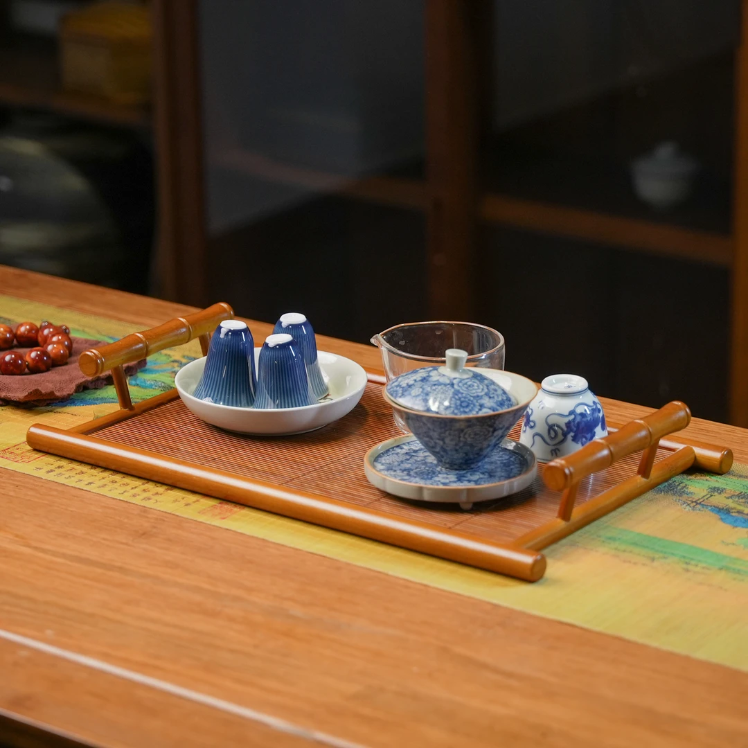 【清松】竹丝托盘茶杯茶具收纳盘轻奢桌面茶托盘古文盘茶盘高端功