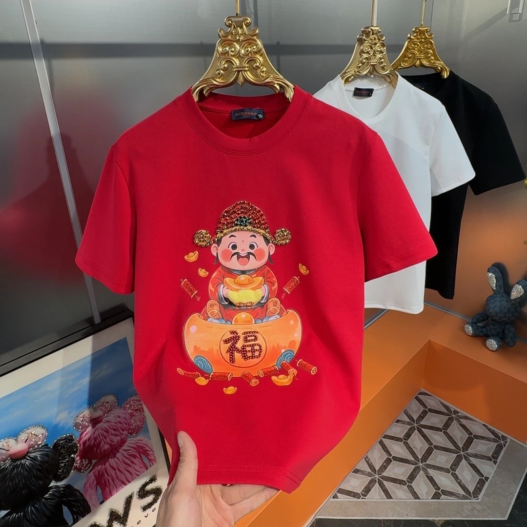蛇年本命年财神铆钉短袖T恤男士轻奢时尚百搭半袖T恤