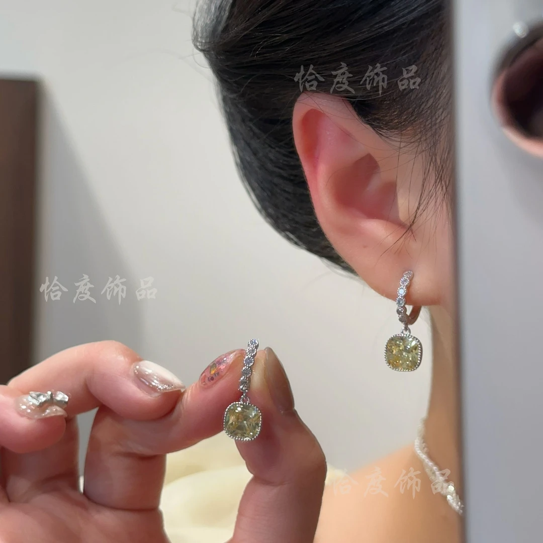 【恰度】夏日新款柠檬黄亮闪方糖锆石吊坠耳扣