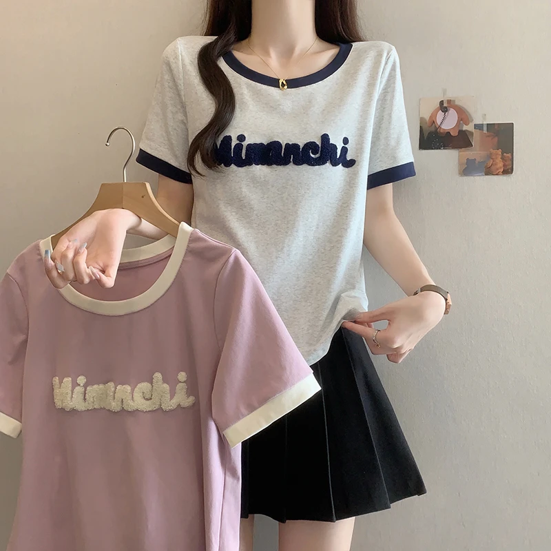 大码胖mm遮肉显瘦正肩短袖T恤女夏季新款百搭植绒字母显瘦上衣