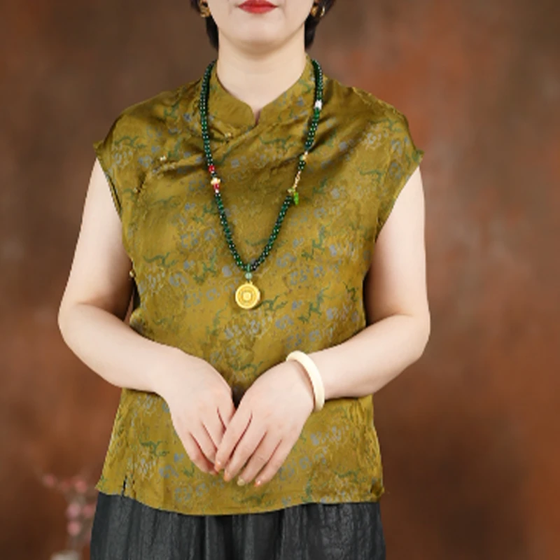 绿华·香云纱上衣6A真丝100桑蚕丝薄款短袖复古花纹上衣2025夏季