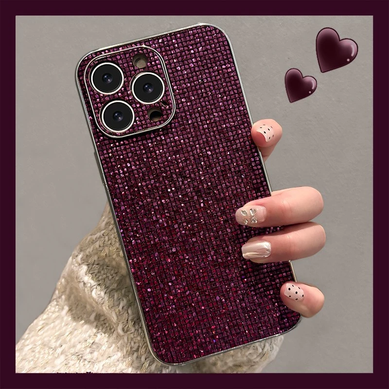 电镀闪钻紫色适用苹果16手机壳iphone15皮纹套14时尚全包配件女款