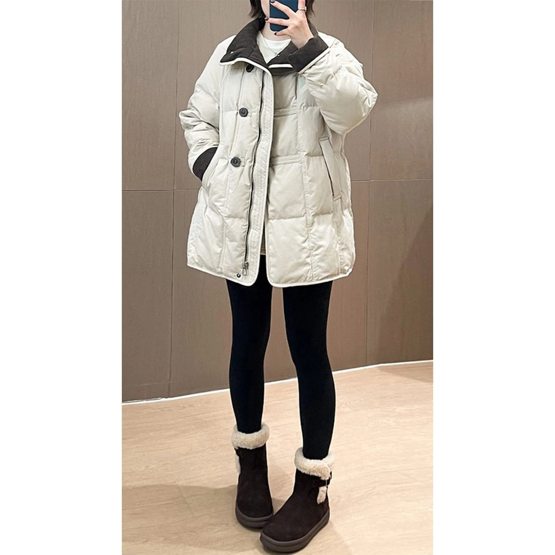 撞色翻领棉服女冬季新款设计感拼接宽松加厚保暖中长款面包服棉衣