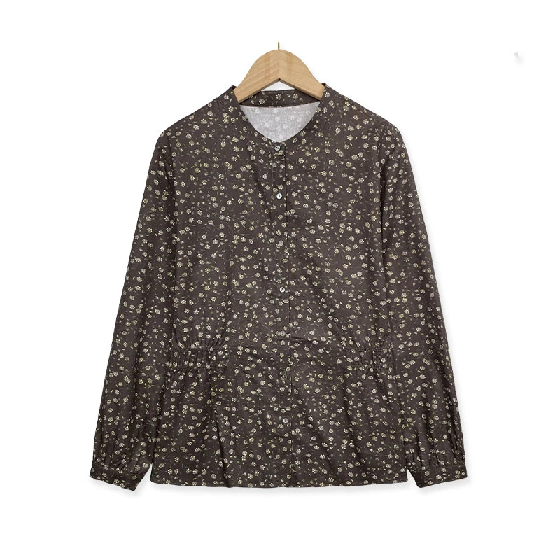 2025春新款棉长袖茉莉花衬衫女单排扣圆领收腰设计百搭显瘦上衣