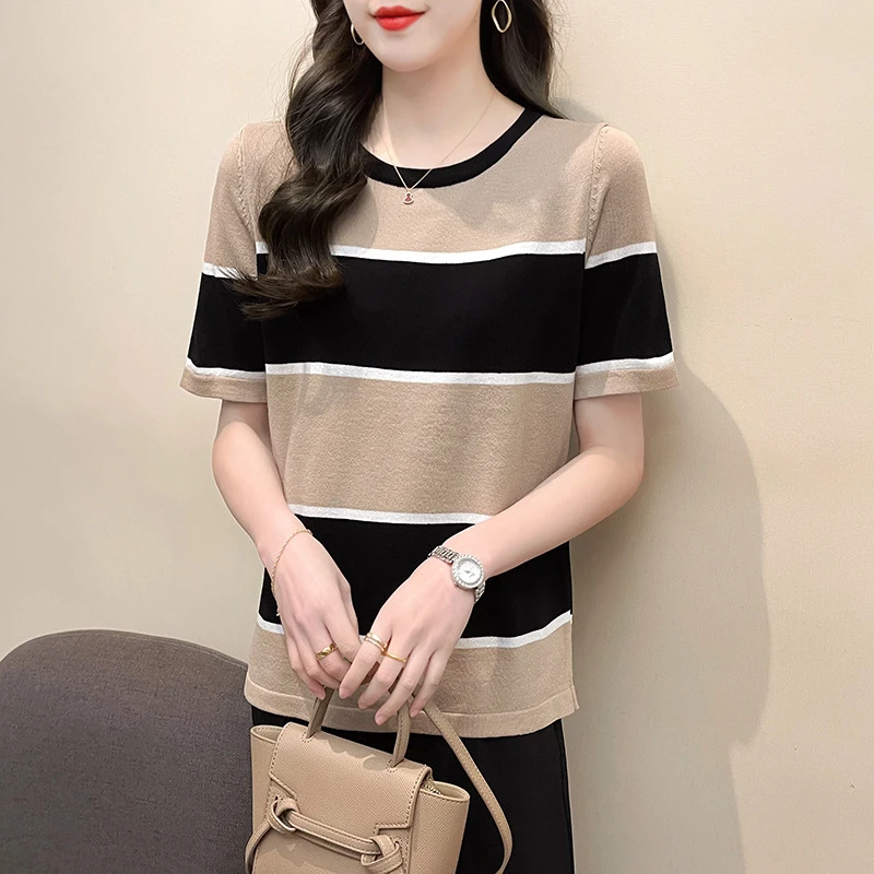 圆领新款洋气打底衫上衣春夏季2025女T恤时尚冰丝条纹针织衫冰丝