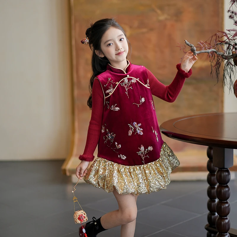 53962女童汉服裙国风背心裙新中式连衣裙2025秋冬新款女孩旗袍裙