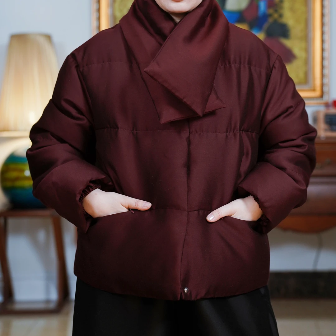 『絮影』复古中国风白鹅绒围巾领新中式保暖文艺羽绒服-W5Y7033