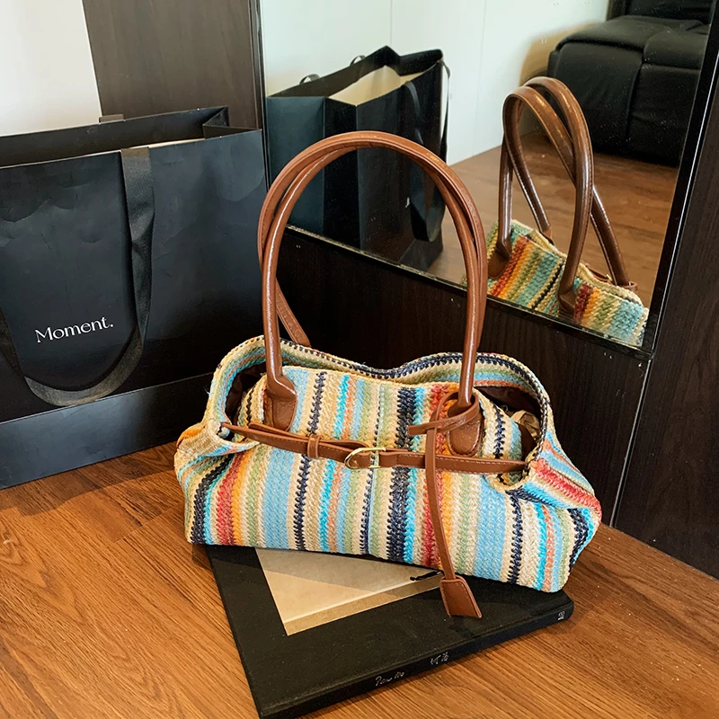 编织杀手包撞色单肩包夏季度假风美式草编包时尚手提袋大容量托特