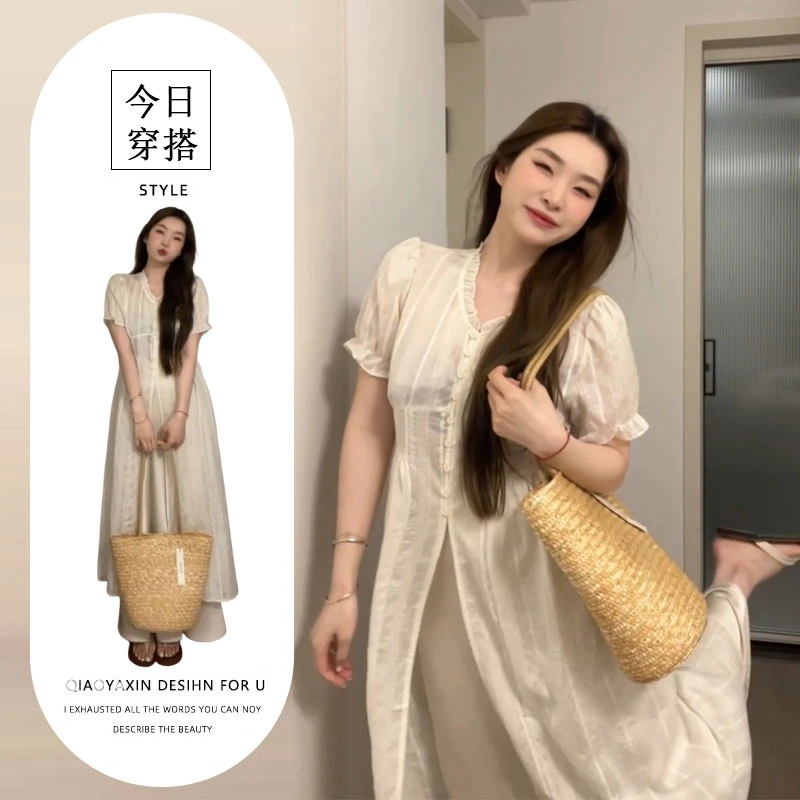 2025超火穿搭套装少女感蕾丝花边度假风叠穿连衣裙高腰鱼尾半身裙