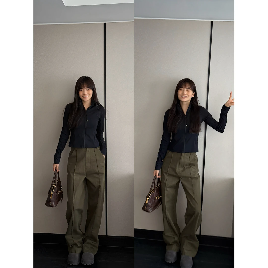 井迪儿【漫不经心】100%棉美式帅气酷飒军绿色休闲工装阔腿长裤