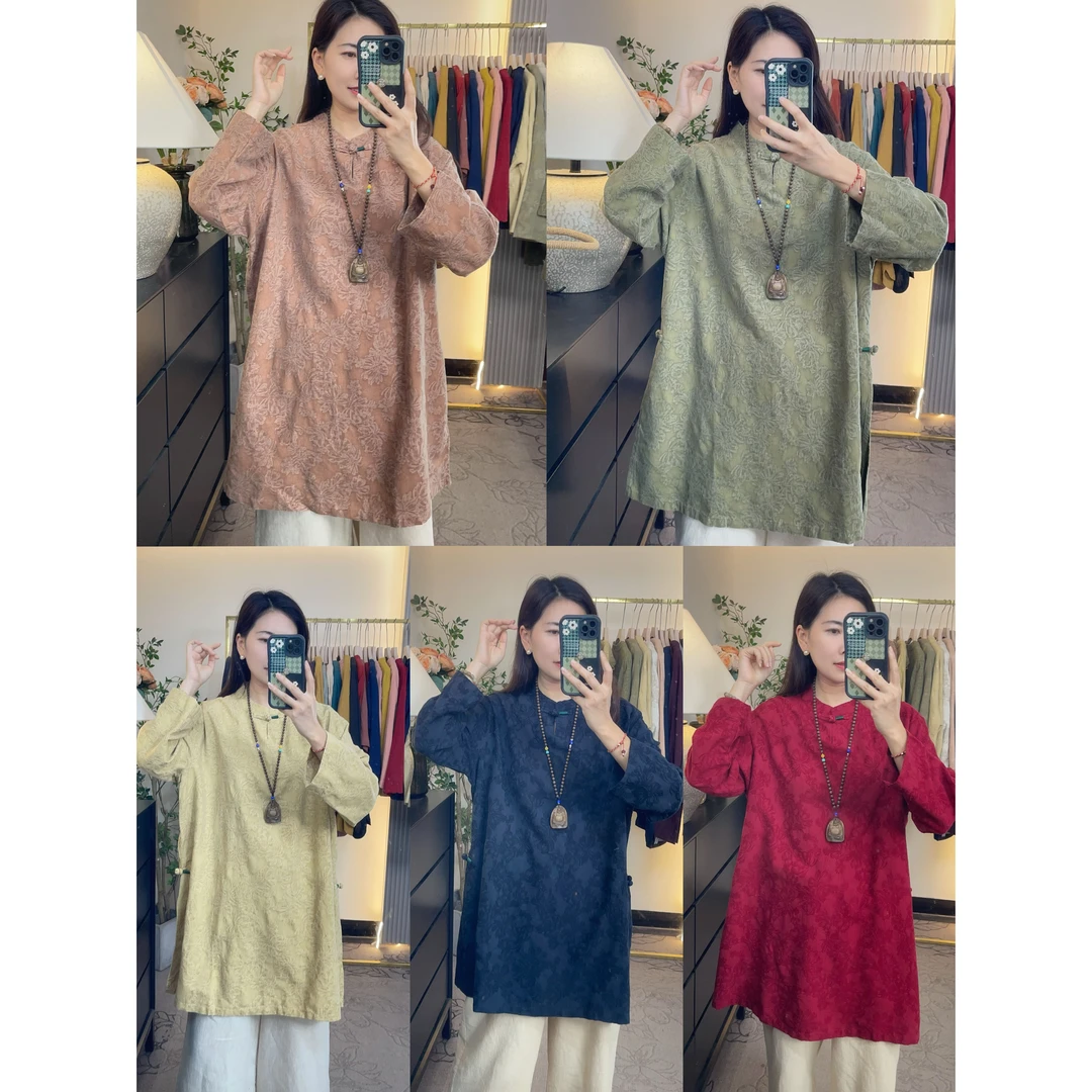 花汐语【景澜】高品质亚麻提花旗袍式衬衫女精致女人穿搭上衣