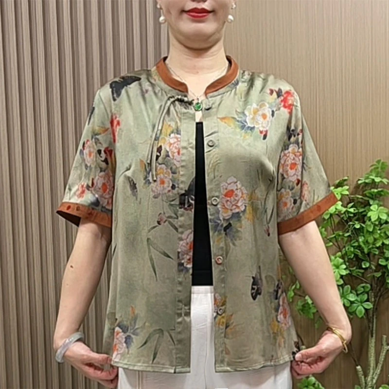 妈妈装夏季新中式衬衫中老年女装夏装大码宽松立领国风开衫衬衣