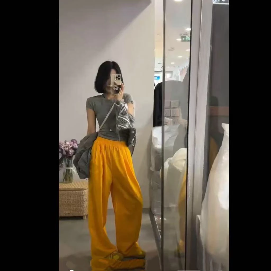 夏季新款薄薄亮黄色抖抖裤