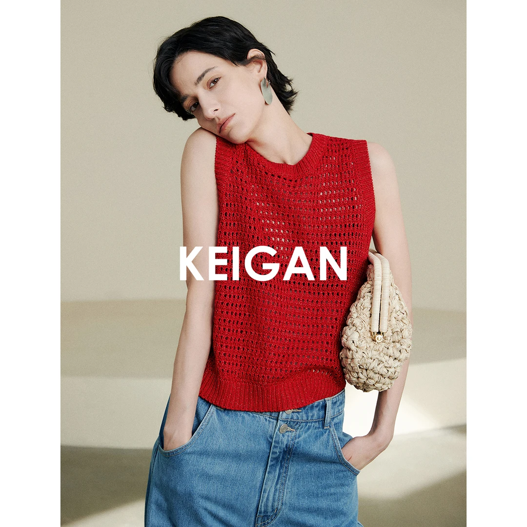 KEIGAN/开间细闪金银丝棉麻粗针编织透气极简镂空宽松针织马甲