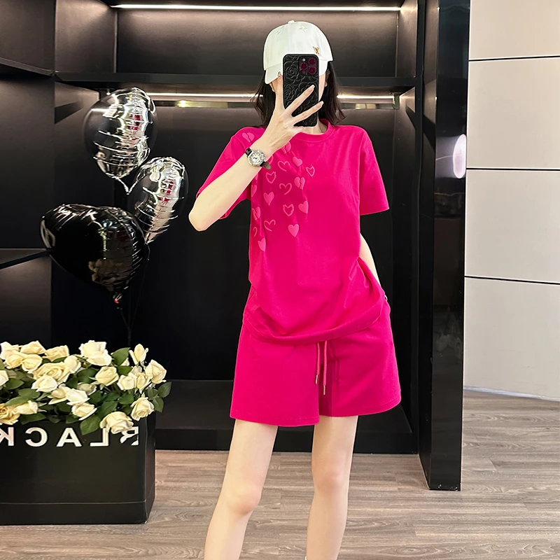 新款夏季潮流运动套装女宽松显瘦短袖短裤两件套时尚休闲潮气玫红