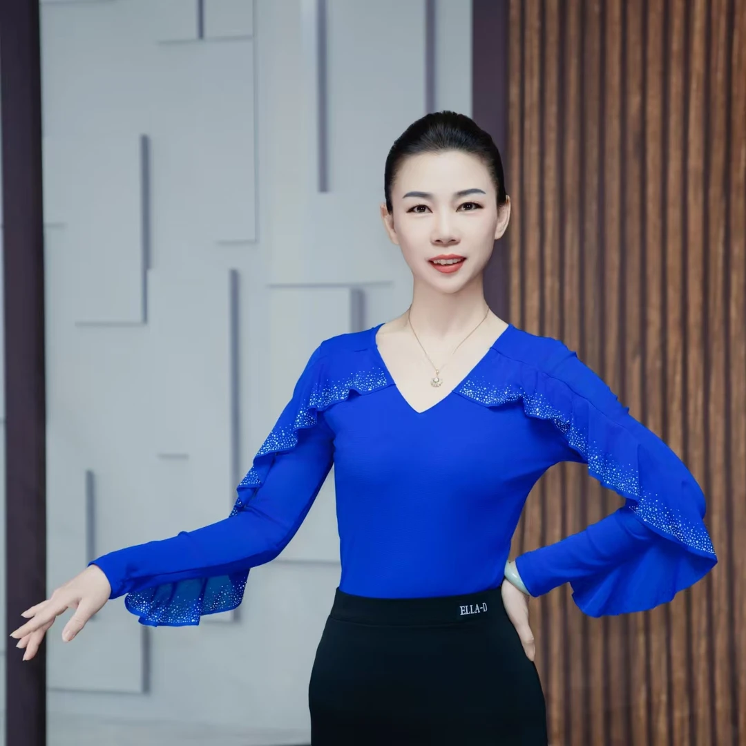 舞蹈V领网纱T恤摩登舞上衣长袖跳舞衣服拉丁舞秋冬季舞蹈服装6129