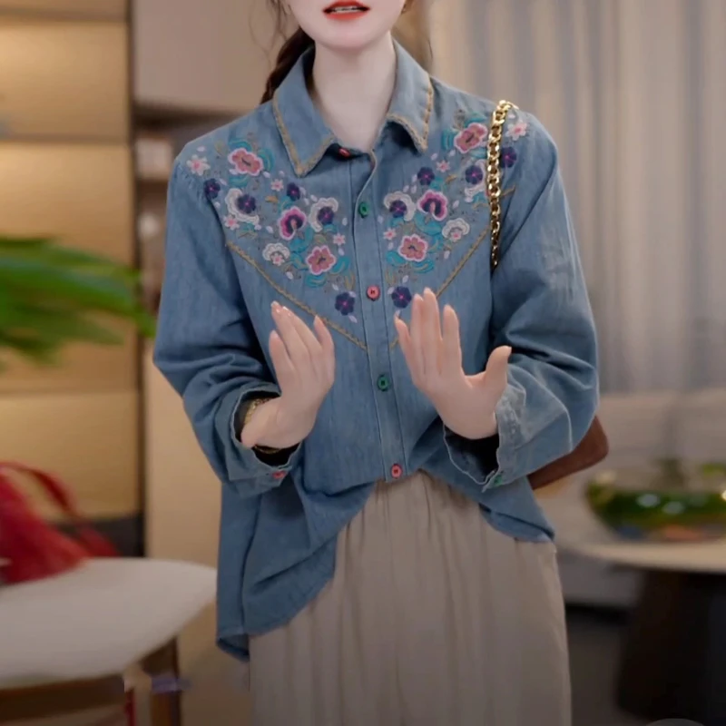 复古田园风森女系长袖上衣2025春秋装新款宽松重工刺绣牛仔衬衫女