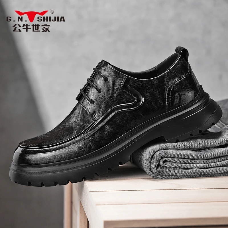 公牛世家男士百搭黑色商务休闲皮鞋软底软面英伦风潮流男士皮鞋