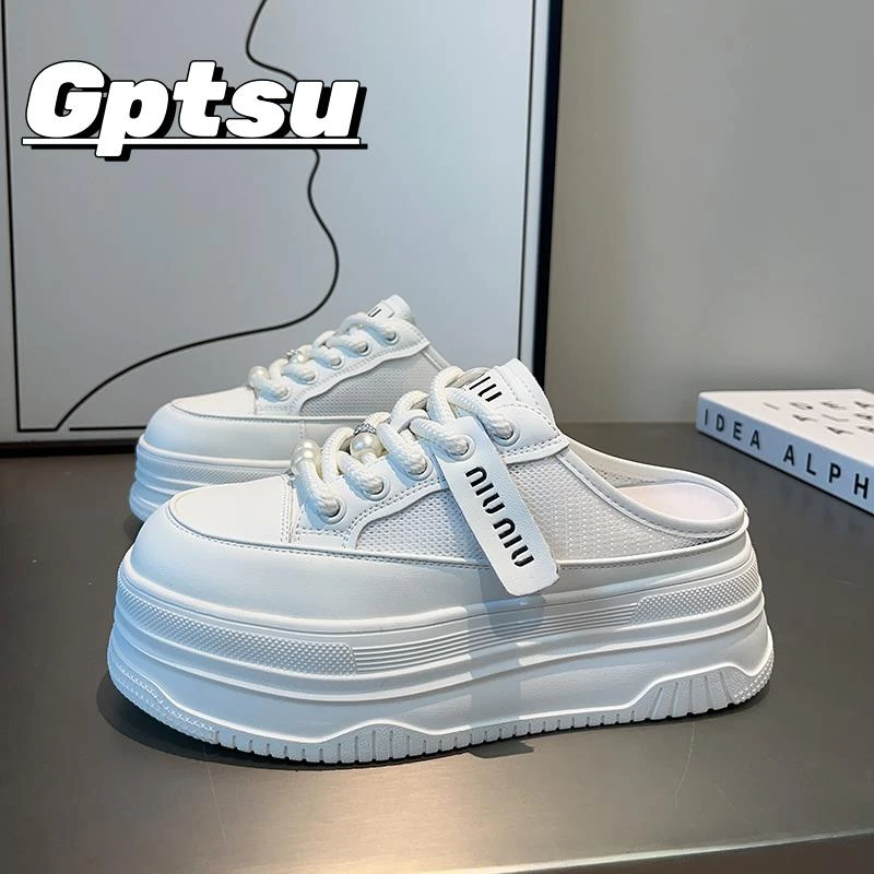 GPTSu包头半拖鞋女士夏季外穿新款网纱凉拖鞋厚底增高休闲小白鞋