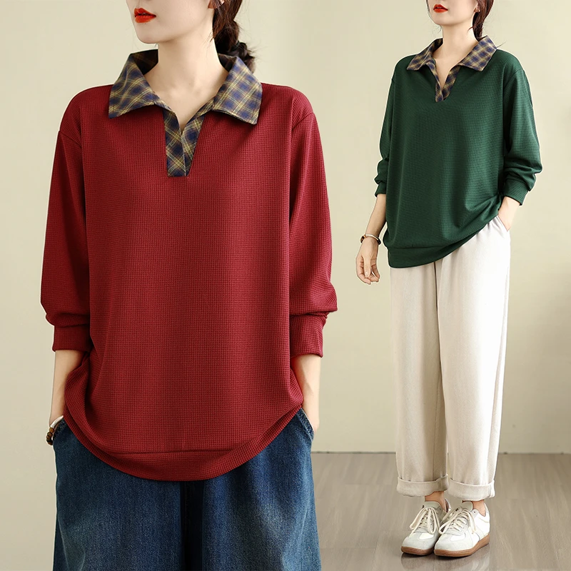 POLO翻领长袖女胖mm大码女装卫衣复古显瘦假两件洋气打底时尚秋装