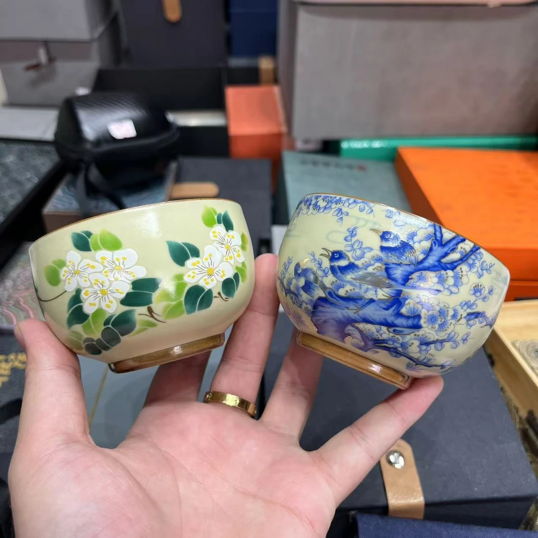 喜上枝头铜钱底主人杯加岑汝山茶花主人杯 1621+3627